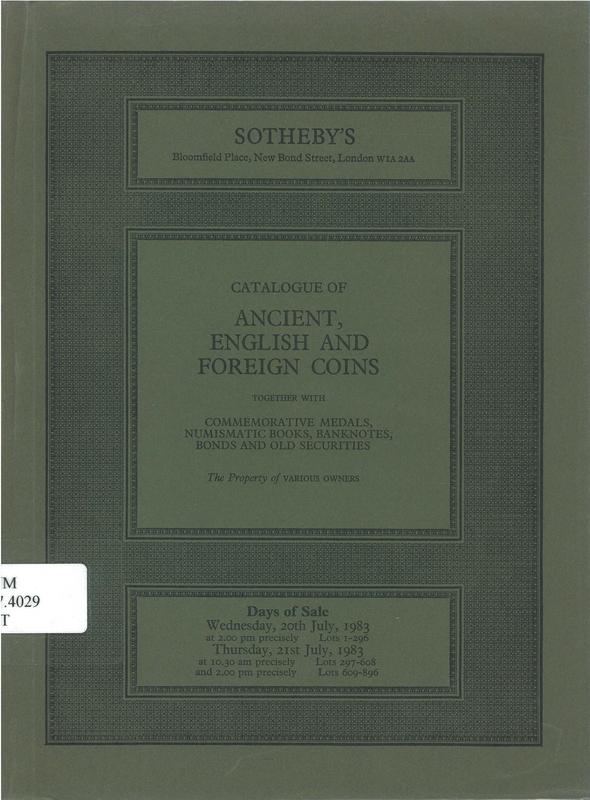 Catalogue of ancient, English and foreign coins, including Chinese, Japanese and other oriental pieces from the Virgil M. Brand Collection and a small collection of Scottish coins / Sotheby Parke Bernet & Co. cover