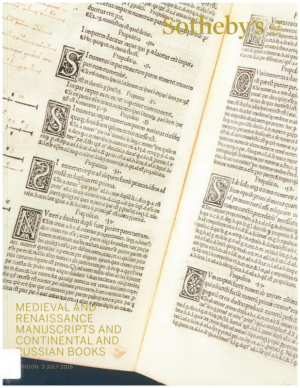 Medieval and Renaissance manuscripts and continental and Russian books : auction in London, 3 July 2018 / Sotheby's cover