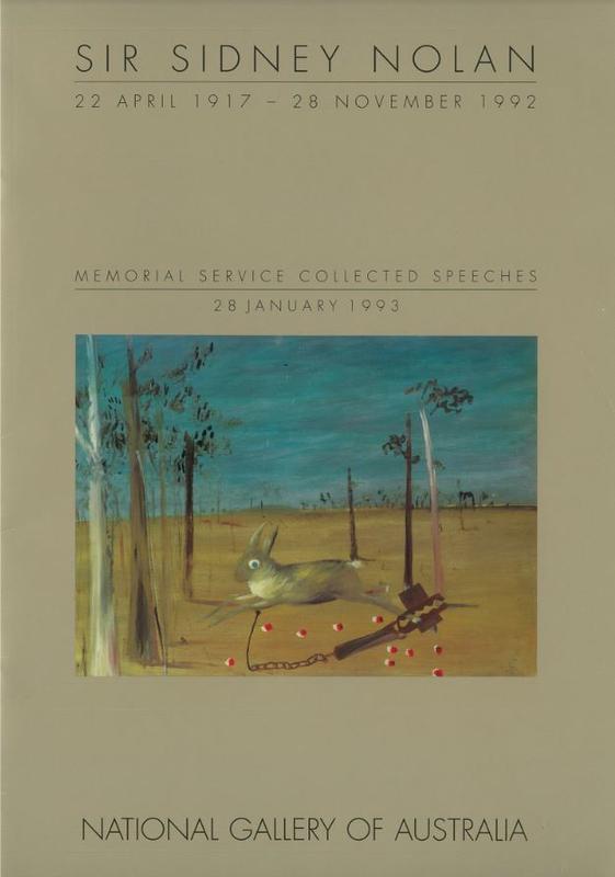 Sir Sidney Nolan, 22 April 1917-28 November 1992 : memorial service collected speeches, 28 January 1993 / National Gallery of Australia cover