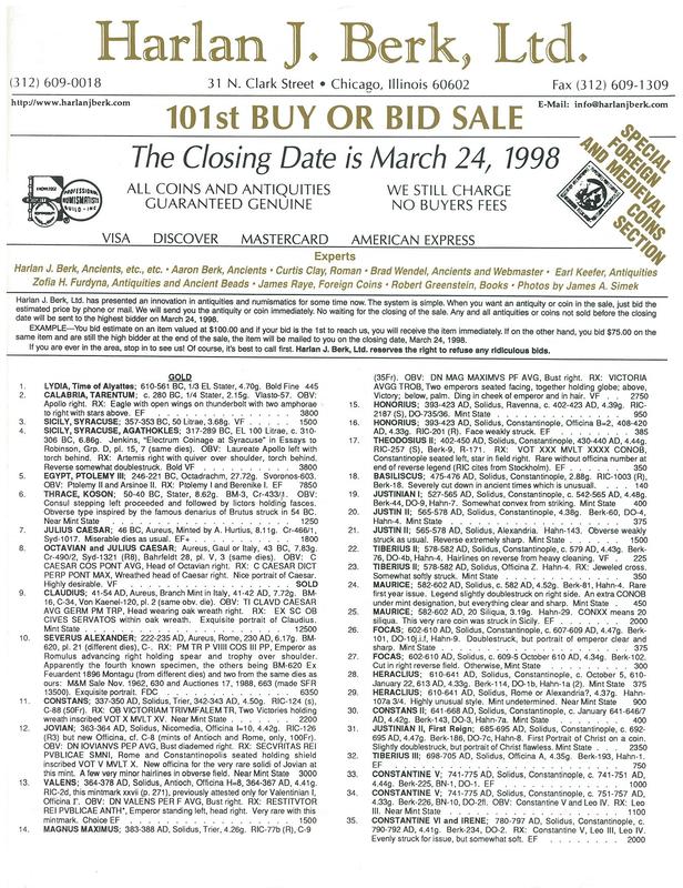 101st buy or bid sale / Harlan J. Berk, Ltd. cover