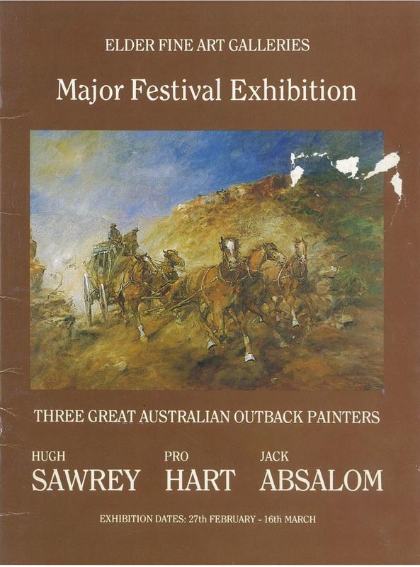 Three great Australian outback painters : Pro Hart, Hugh Sawrey, Jack Absalom : catalogue of works : 1986 major festival exhibition / Elder Fine Art Galleries cover