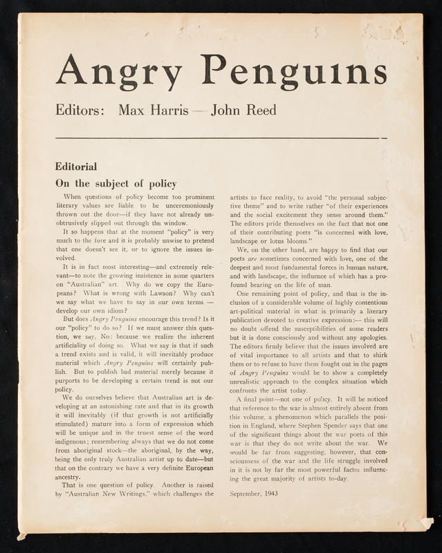 Angry Penguins, September 1943 / editors, Max Harris, John Reed cover