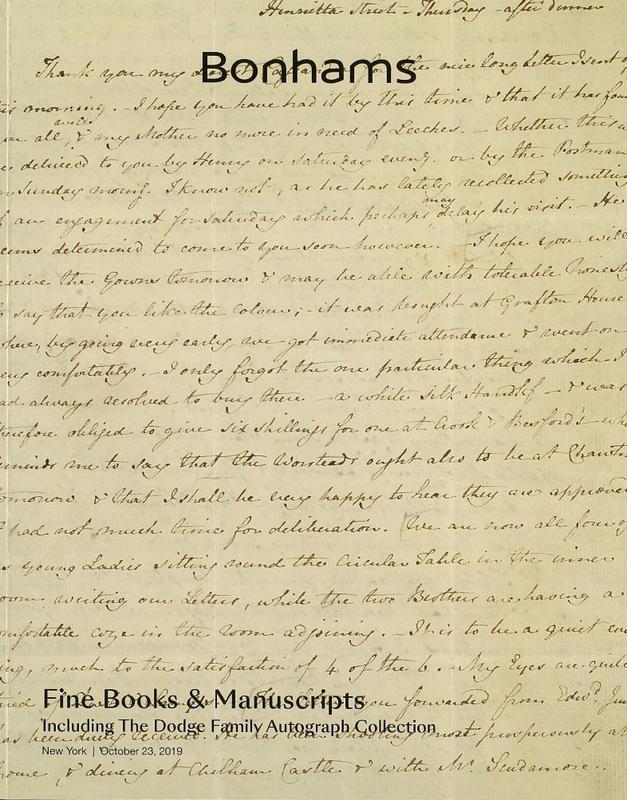Fine books and manuscripts : including the Dodge Family autograph collection, natural history, travel and Americana : Wednesday October 23, 2019 / Bonhams cover
