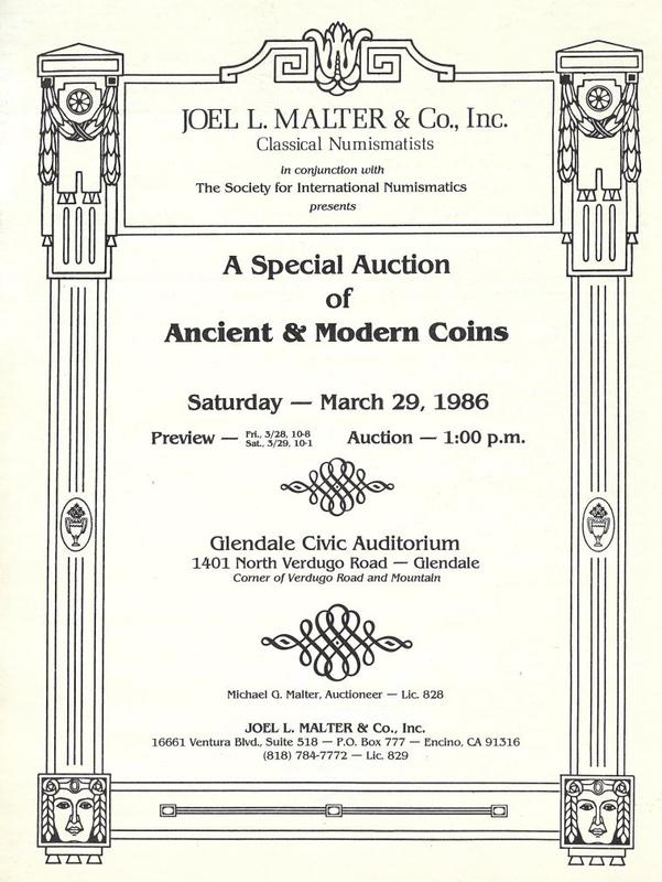 A special auction of ancient & modern coins : Saturday March 29, 1986 / Joel L. Malter & Co. cover
