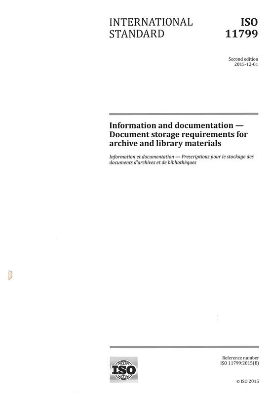 ISO 11799:2015 : Information and documentation : Document storage requirements for archive and library materials cover
