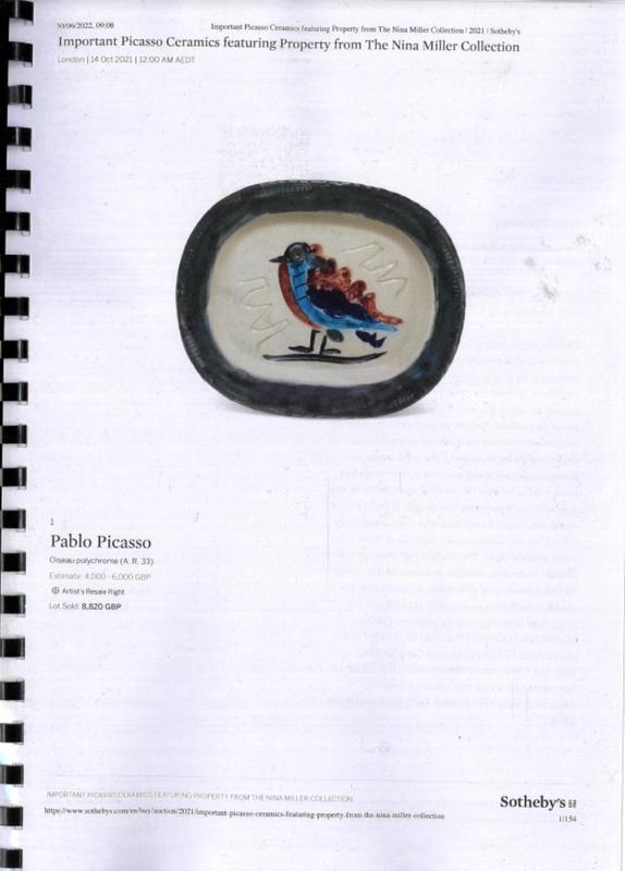 Important Picasso ceramics featuring property from the Nina Miller collection : London, 14 Oct 2021 / Sotheby's cover