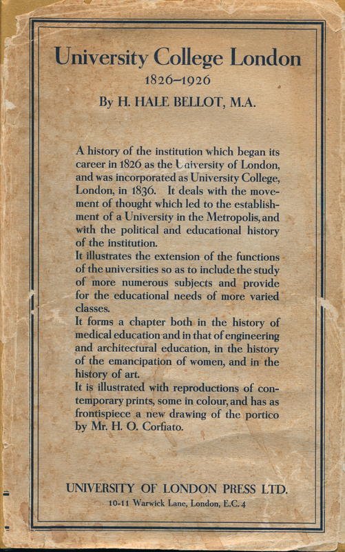 University College London 1826-1926 / by H. Hale Bellot cover