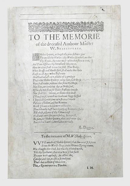 Original preliminary leaf from the First Folio : "To the memorie of the deceased authour Maister W. Shakespeare" cover