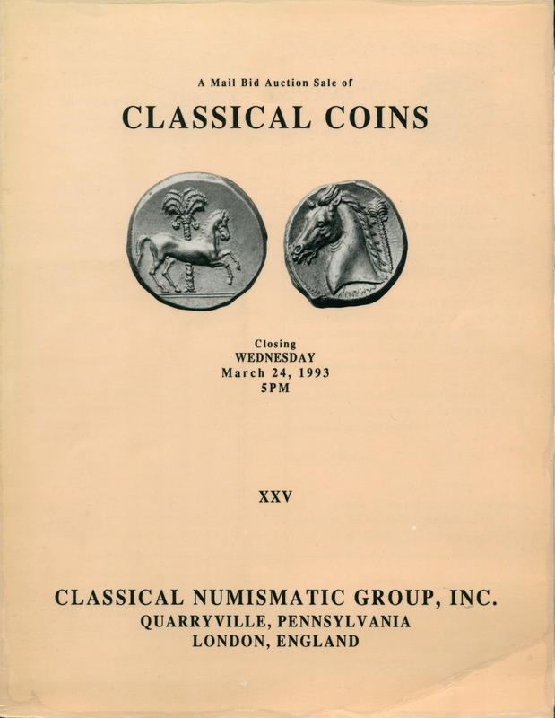 A mail bid auction sale of classical coins featuring Greek (all metals) including an important collection of fractional silver coinage, Roman Republican, Roman Imperial (all metals), Roman Provincial, Byzantine (all metals), Medieval & world coinage, cover
