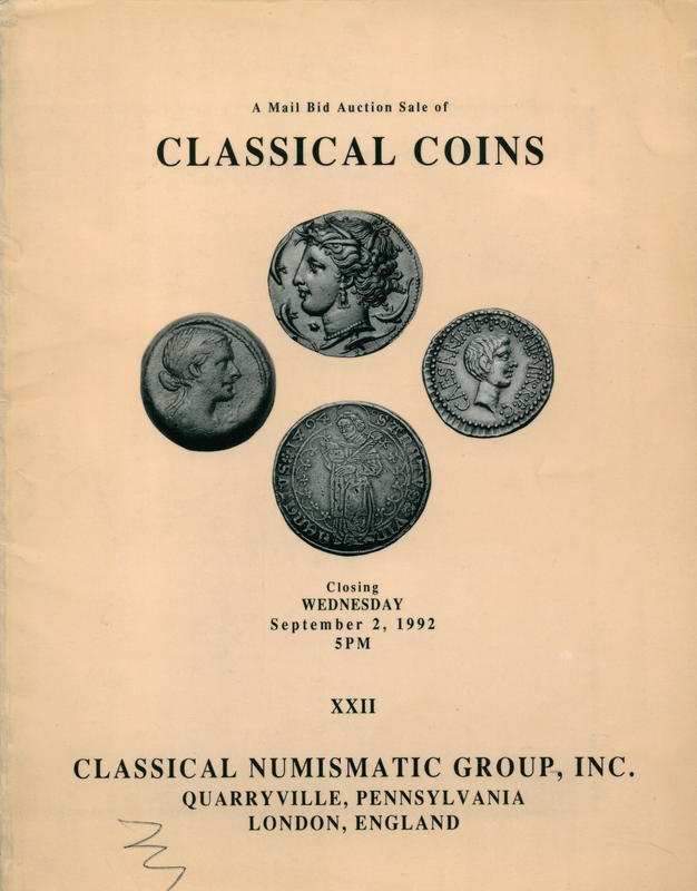 A mail bid auction sale of classical coins featuring Greek (all metals) : Roman republican : Roman imperial (all metals) : Roman provincial including many ex Mabbott collection specimens : Byzantine (all metals) : medieval & world coinage : British Ce cover