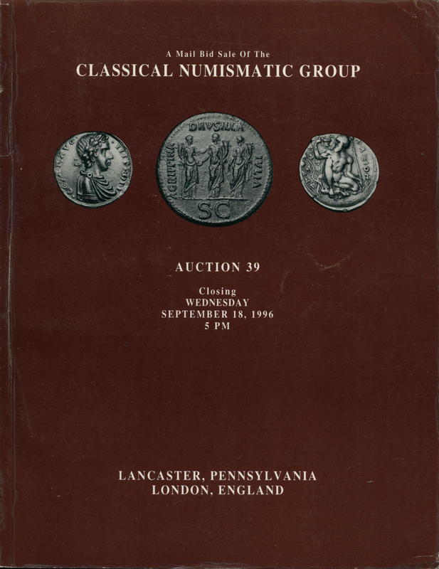Auction 39 : a mail bid sale featuring the property of collectors worldwide ; including an important selection of silver coinage from Magna Graecia ; a nice Parthian collection from a long-time Seaby customer ; an interesting group of Alexandrian coinage cover