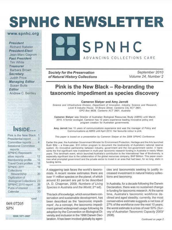 SPNHC newsletter / edited by Andrew Bentley cover