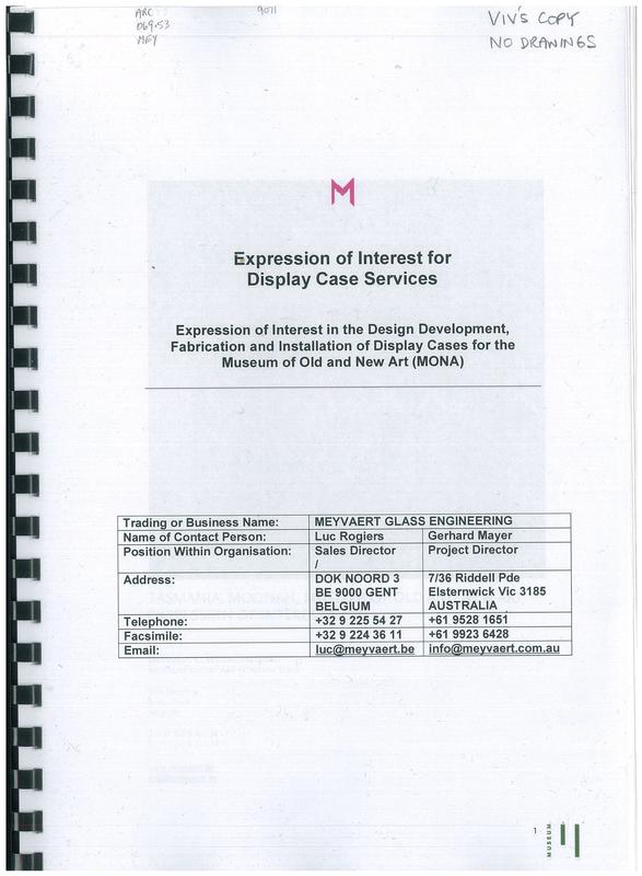 Expression of interest for display case services : expression of interest in the design development, fabrication and installation of display cases for the Museum of Old and New Art (MONA) cover