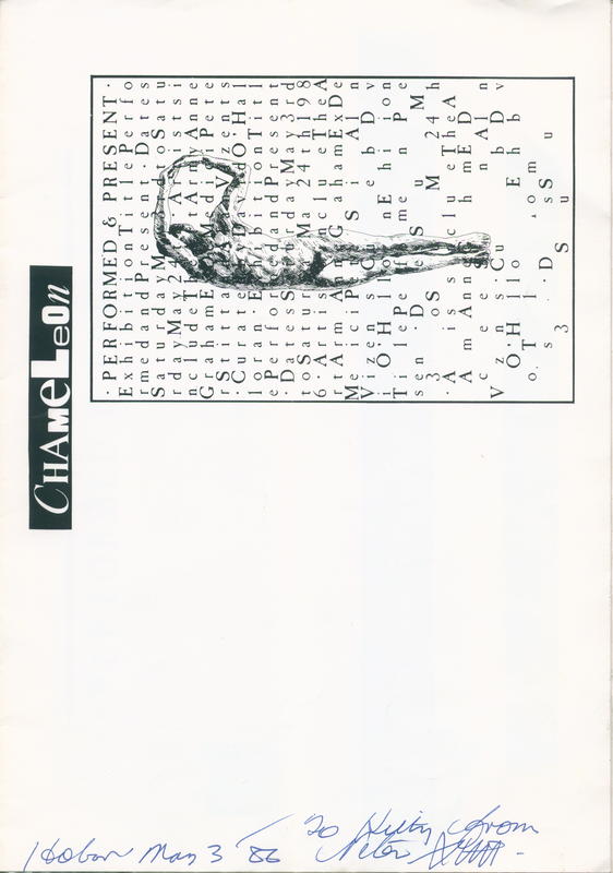 Performed & present : May 3rd to May 24th, 1986 : The Art Army, Anne Graham, Ex de Medici, Peter Stitt, Allan Vizents, curated by David O'Halloran cover