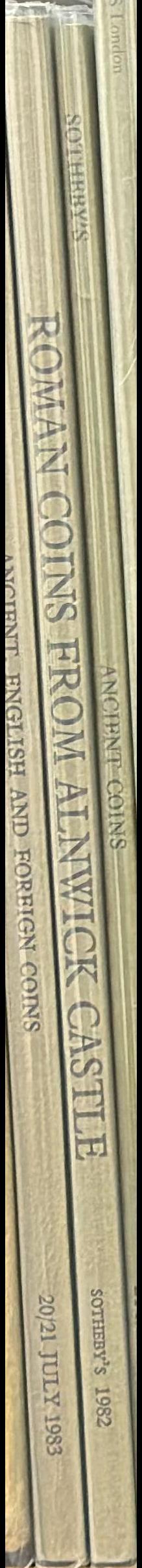 Roman coins in gold, silver and bronze together with three Greek gold issues, an interesting collection of coins of the Bible and four exceptionally fine cabinets from the collection of His Grace the Duke of Northumberland K.G., P.C., G.C.V.O., F.R.S. : spine